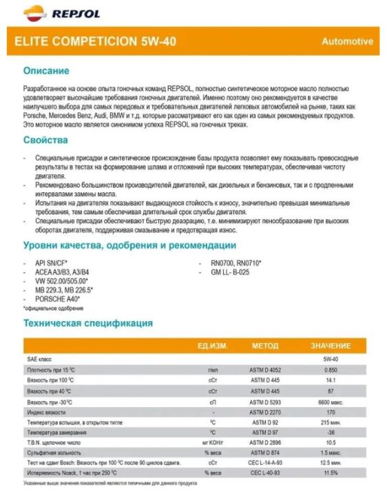 Масло синт. Elite Competicion 5W40, (1л.), (RPP0062JHA) 60256R REPSOL (ИМПОРТ)